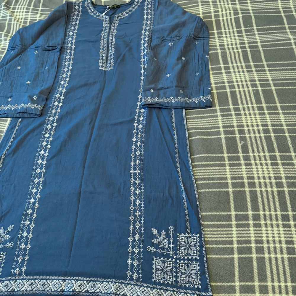 Agha Noor Pakistani Kurta Blue Broshia Cotton Fully Embroidered Front Size Large - Picture 4 of 8